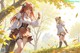 A couple of anime girls walking down a path in the woods.